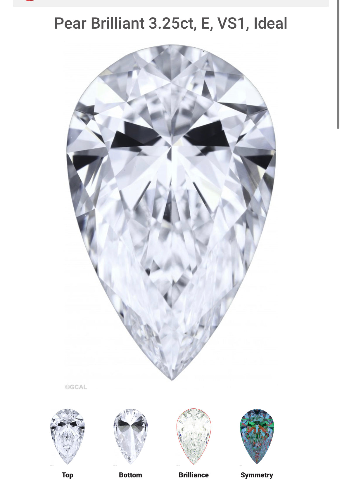 PEAR 3.25 Lab Grown Diamond , Color E , Clarity VS1 GCAL Certificat LG323490324 - IDEAL