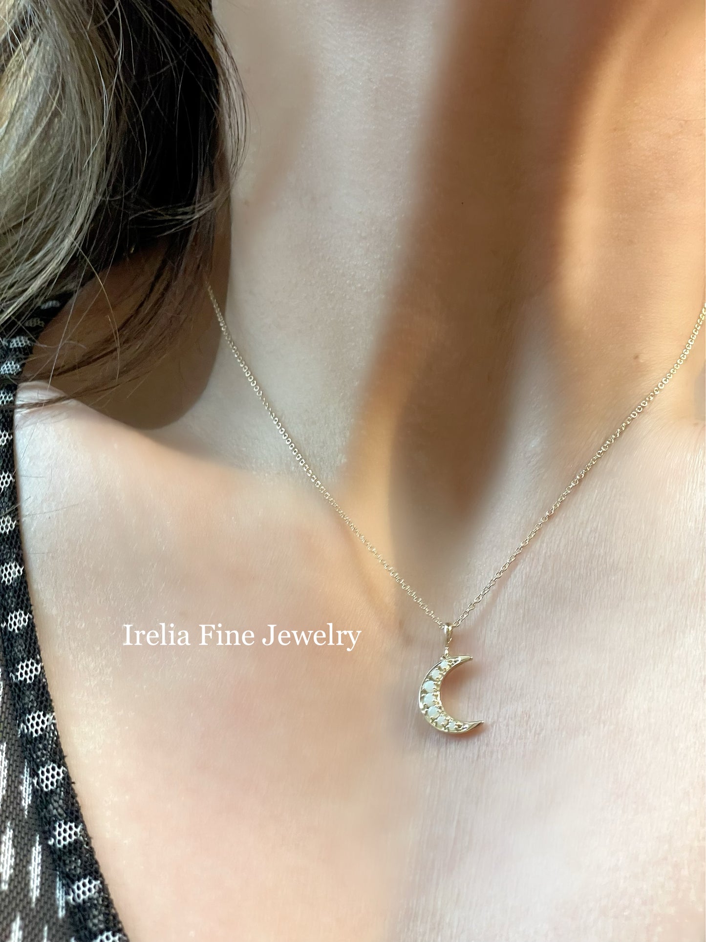14K Yellow Gold Natural White Opal Cabochon Crescent Moon, comes with 14k yellow gold adjustable chain
