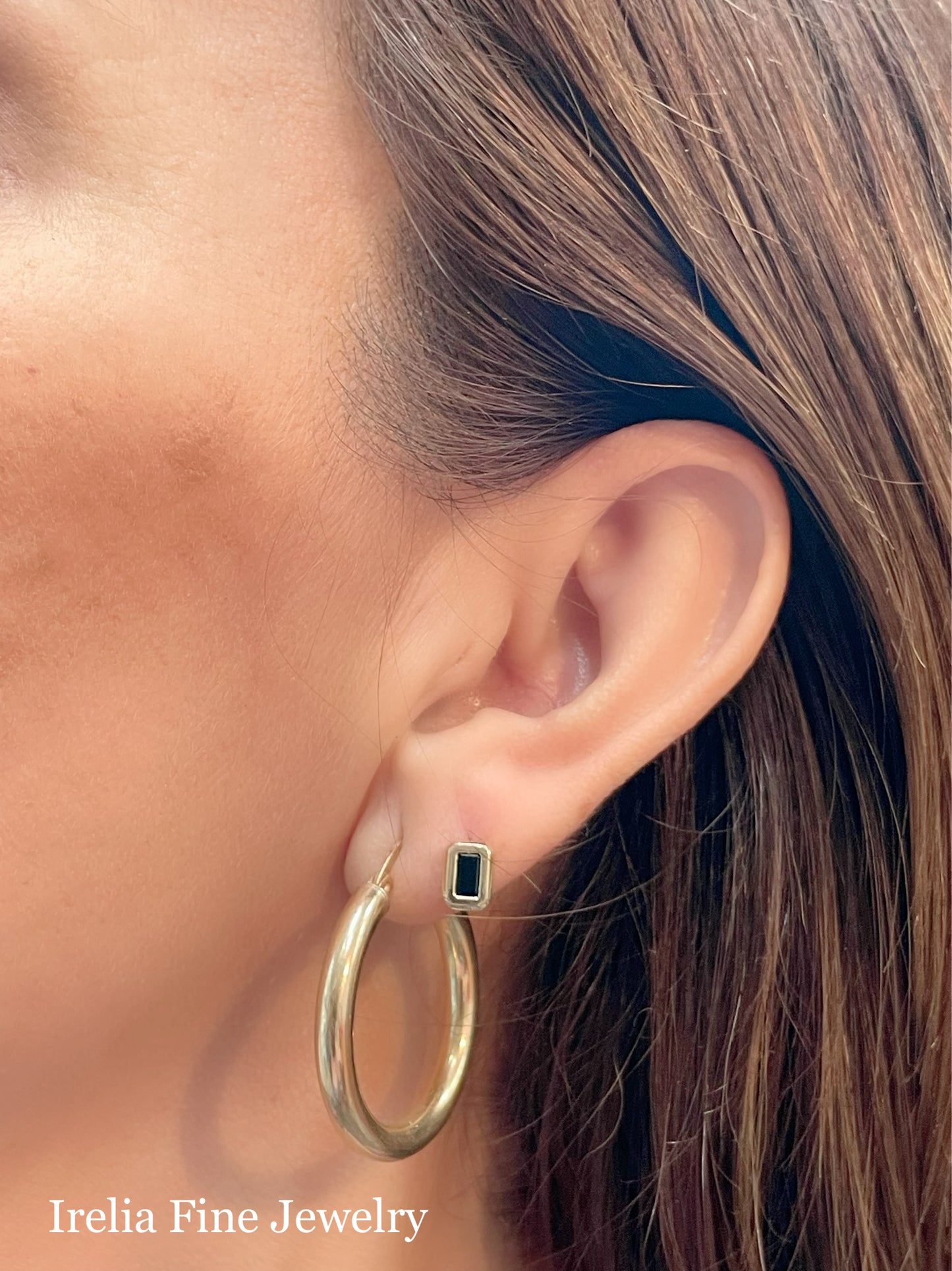 14K Yellow Gold Natural Black Onyx Emerald Cut Stud Earrings