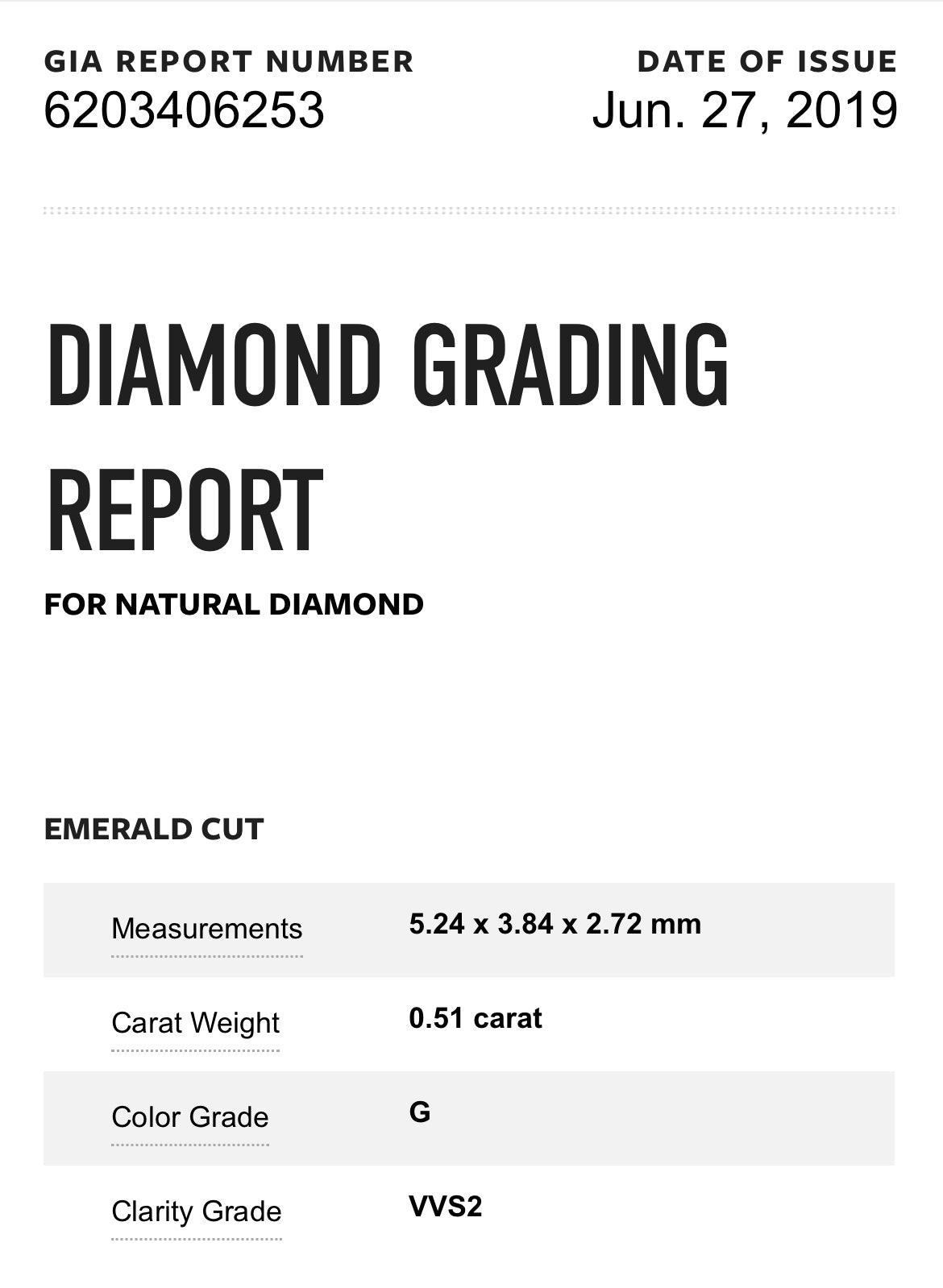 .51 Carat Emerald Cut Diamond G , VVS2 , GIA CERTIFICATE 6203406253