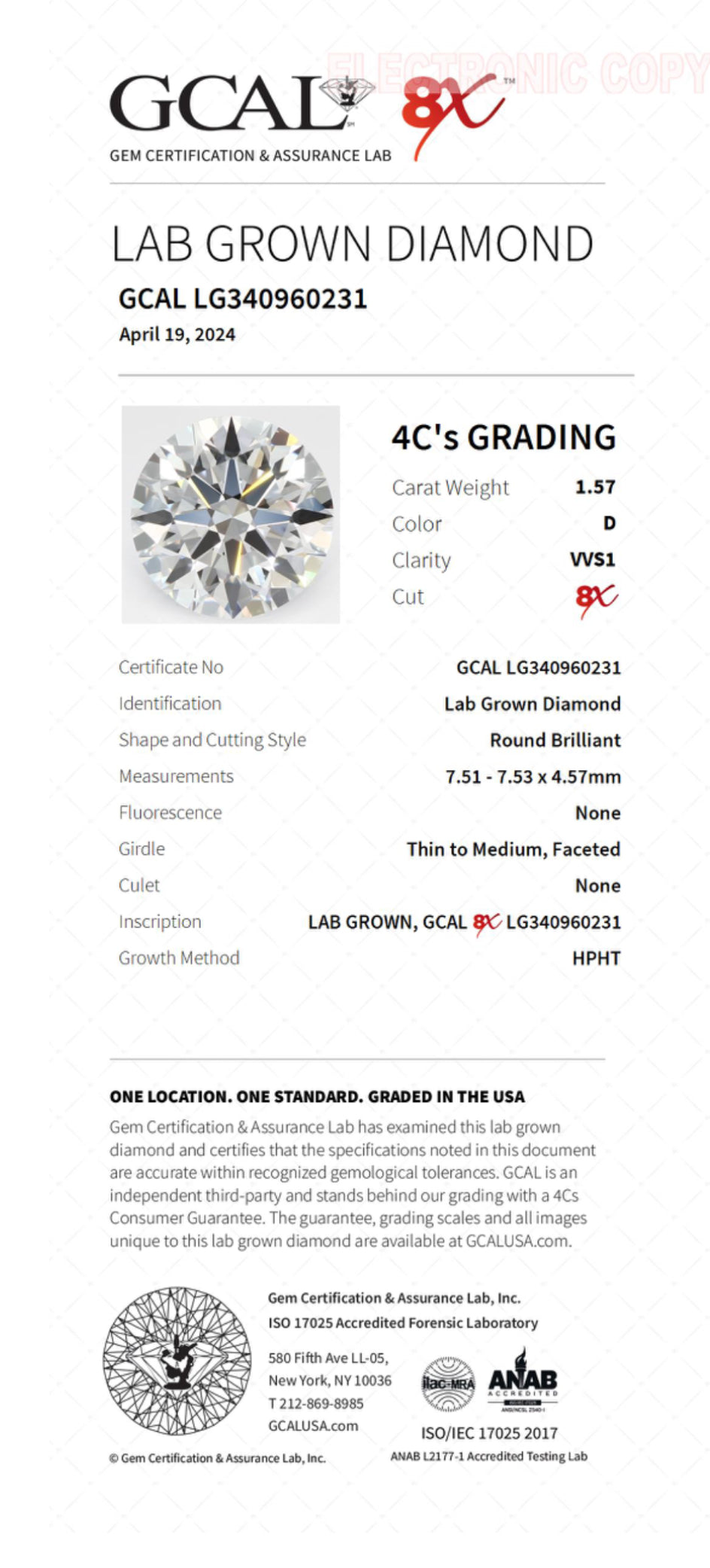 14k Yellow Gold Custom Setting with 1.57 Carat Round Cut Lab Diamond - Cert GCal 340960231