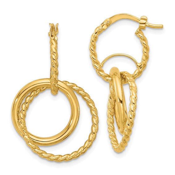10k Yellow Gold Double Circle Link Dangle Earrings with lever backs