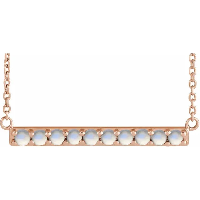 14K Rose Gold Bar Pendant with Cabochon Natural Moonstones , with 18" Necklace