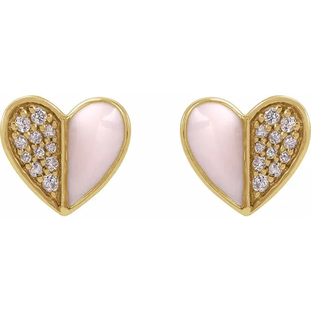 14K Gold Yellow 1/10 Heart Studs with Pink Enamel