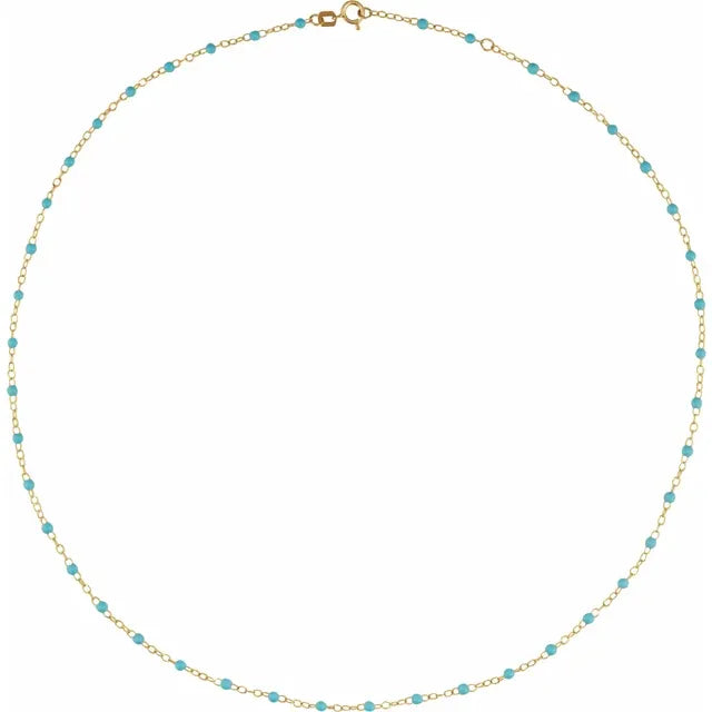 14K Yellow 2 mm Adjustable Turquoise Enamel Bead 17-18" Chain