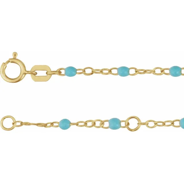 14K Yellow 2 mm Adjustable Turquoise Enamel Bead 17-18" Chain