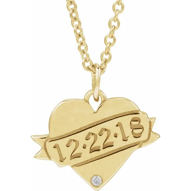 14K Yellow .005 CT Natural Diamond Engravable Heart comes with  18" Necklace