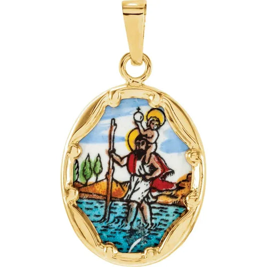 14K Yellow Gold Hand Painted Porcelain Saint Christopher Pendant- Made in Italy