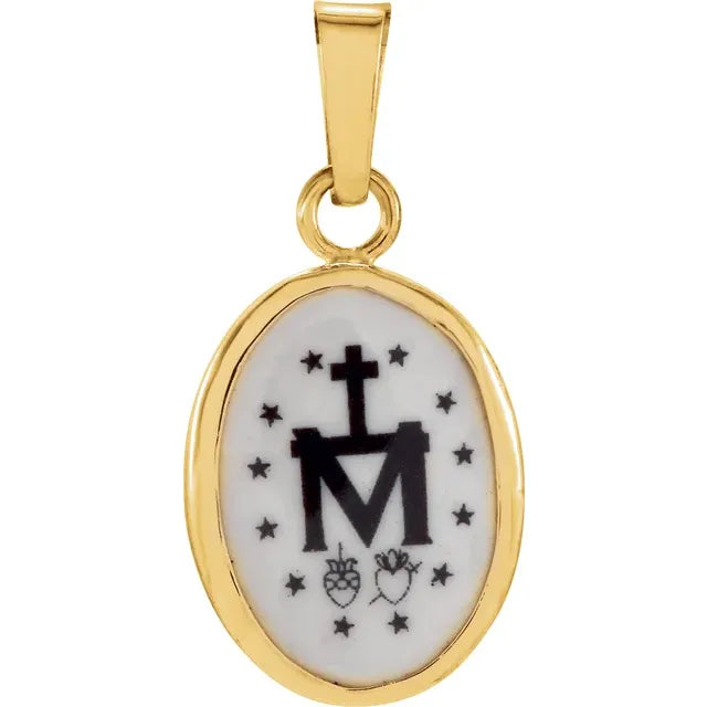 14K Yellow Gold Hand Painted Porcelain Miraculous Medal Size 13x10 mm - Made in Italy
