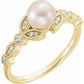 14K Yellow Gold Cultured White Freshwater Pearl & 1/10 CTW Natural Diamond Leaf Ring