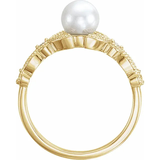 14K Yellow Gold Cultured White Freshwater Pearl & 1/10 CTW Natural Diamond Leaf Ring