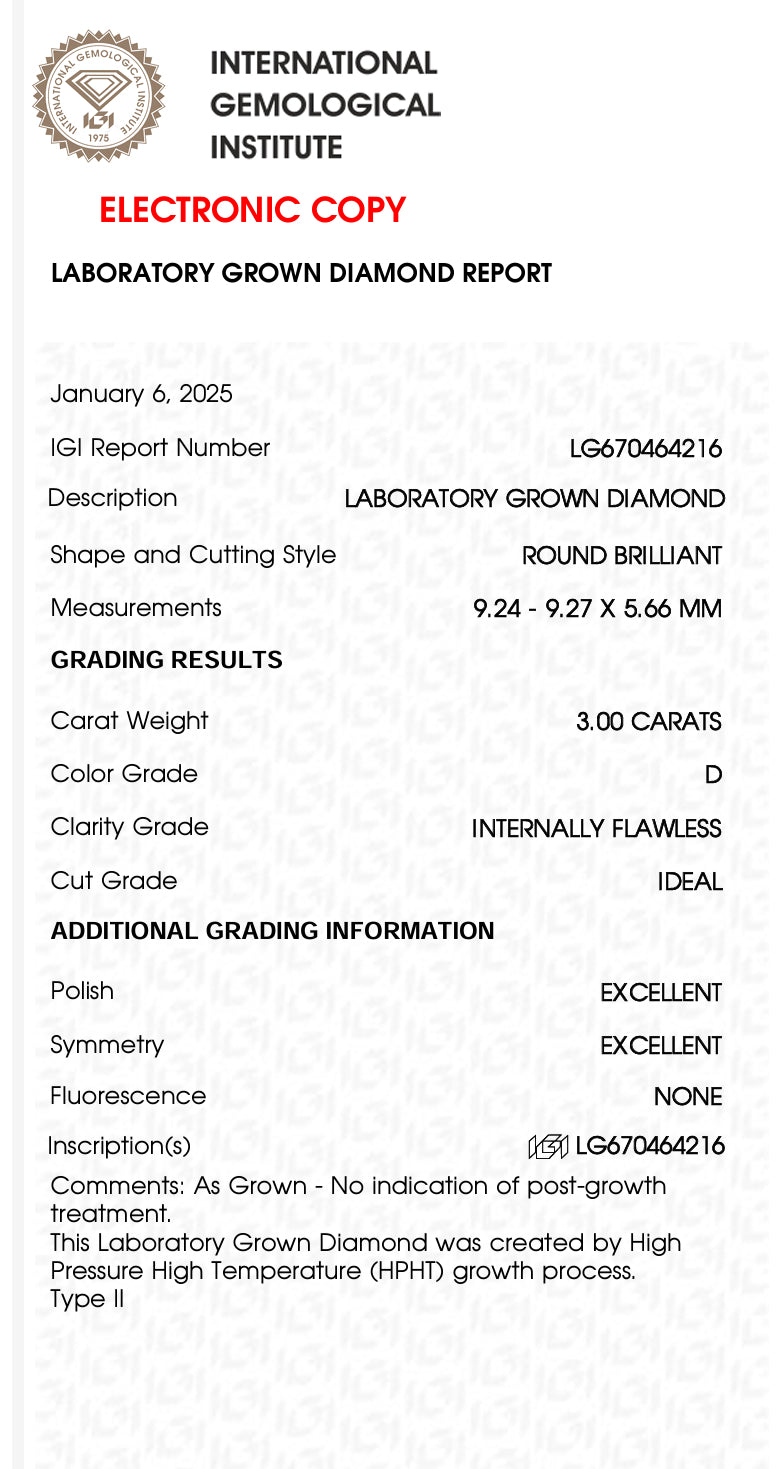 3.00 Carat Round Lab Grown Diamond, LG320862649, Color D, IDEAL, FLAWLESS  LG670464216