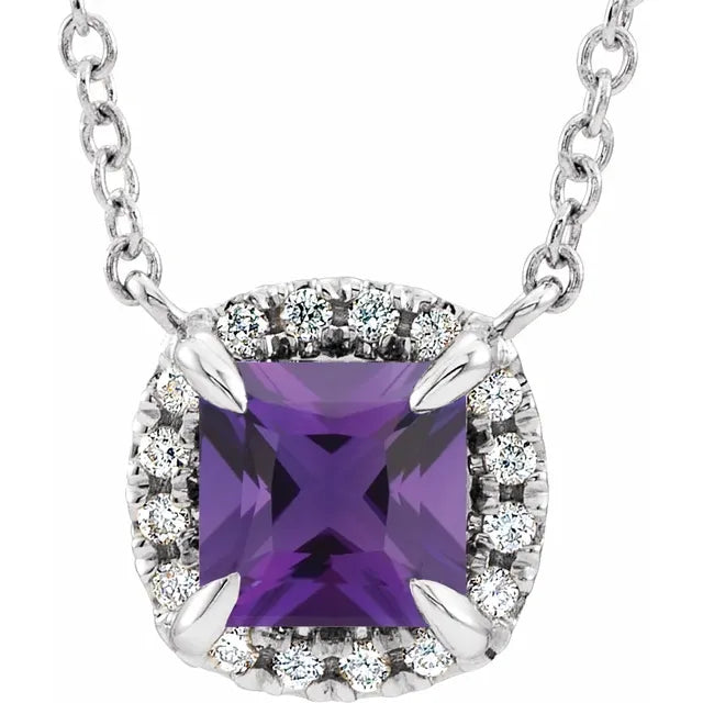14K White Gold  Natural Amethyst & .05 CTW Natural Diamond 16-18" Necklace