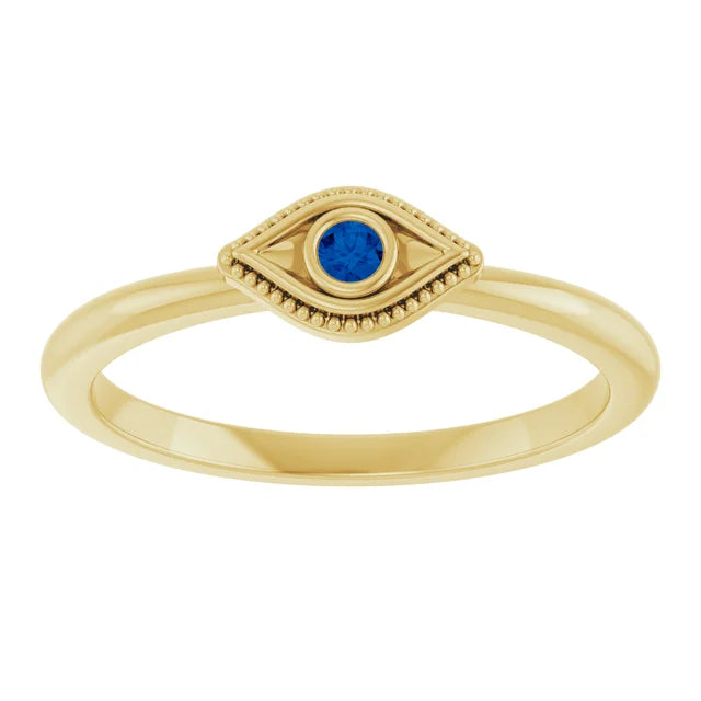 14K Yellow Gold Lab-Grown Blue Sapphire Stackable Evil Eye Ring  - Size 7
