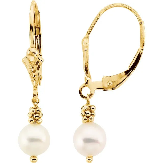 14K Yellow Gold Cultured White Freshwater Pearl Lever Back Earrings