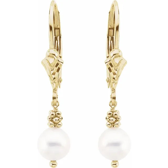 14K Yellow Gold Cultured White Freshwater Pearl Lever Back Earrings