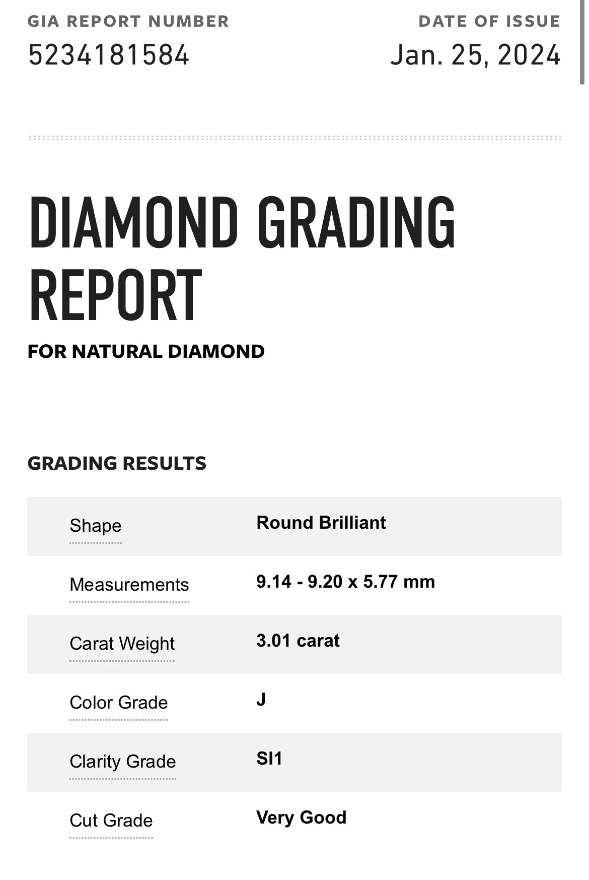 3.01 Carat Natural Round Diamond , Color J , Clarity SI1 - GIA 5234181584