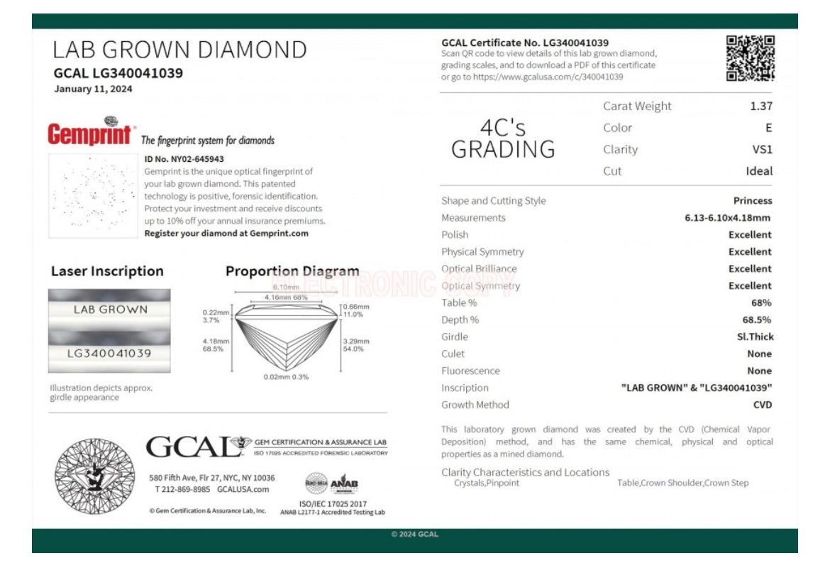 1.37 Lab Grown Princess Cut Diamond , Color E , Clarity VS2 - GCAL LG340180637 IDEAL + Triple Excellent