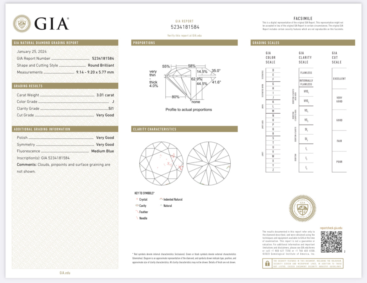 3.01 Carat Natural Round Diamond , Color J , Clarity SI1 - GIA 5234181584