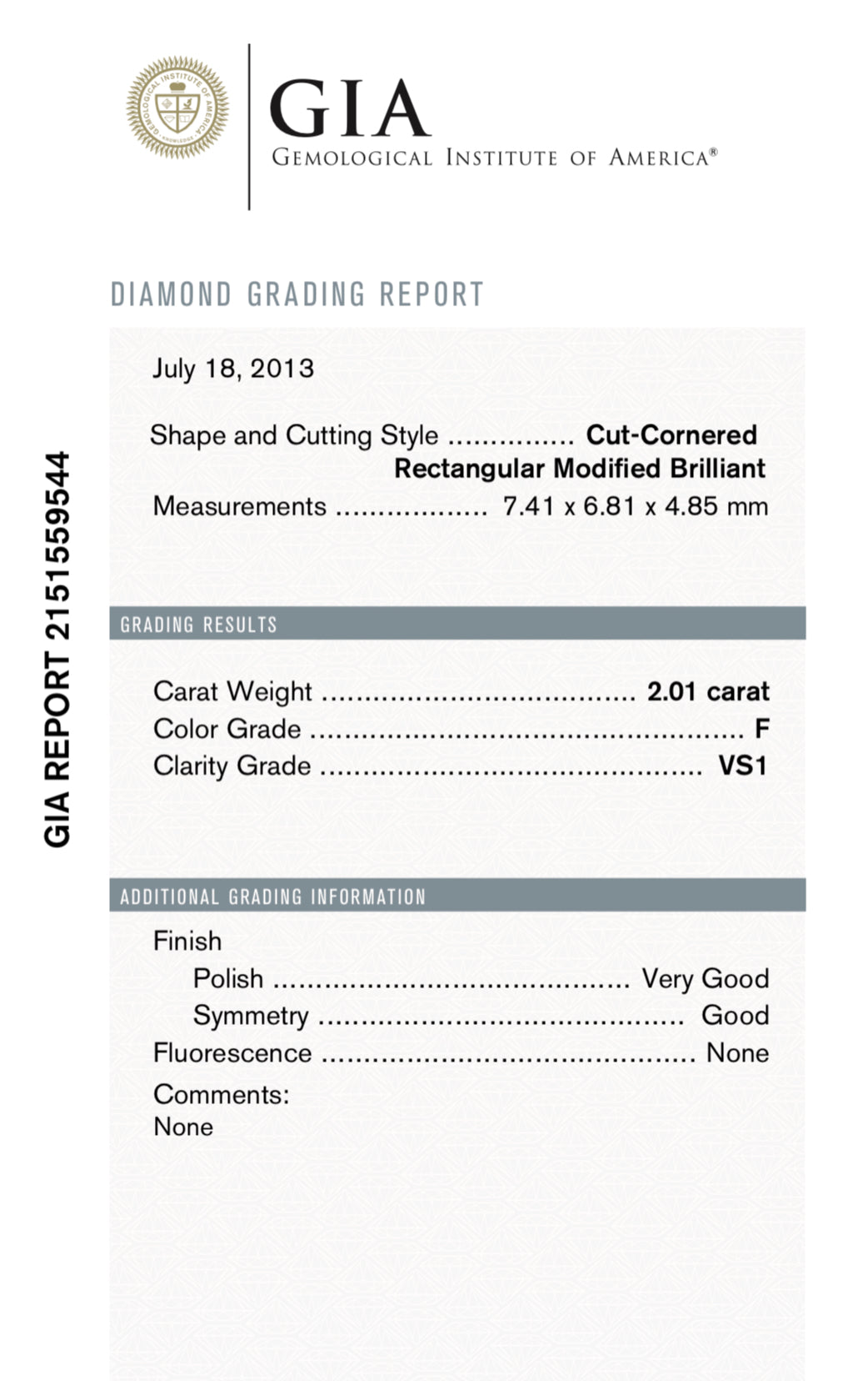 2.01 carat Natural Radiant Cut Diamond , Color F , Clarity VS1 - GIA 2151559544