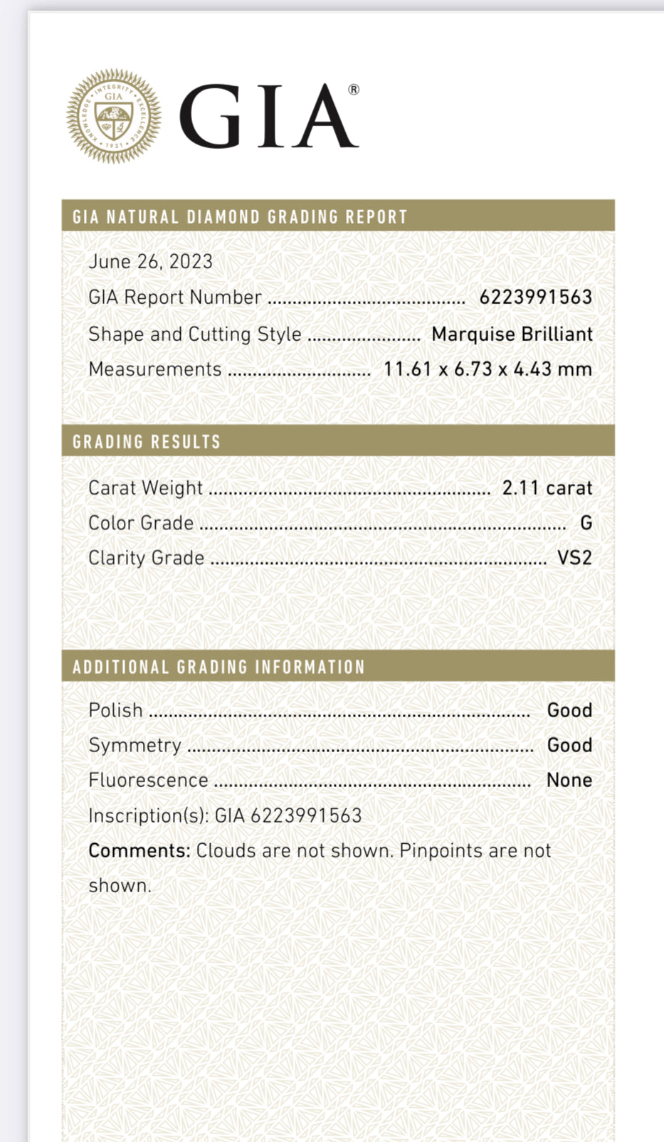 2.11 carat Marquise Diamond G, VS2 , GIA CERTIFICATE 6223991563