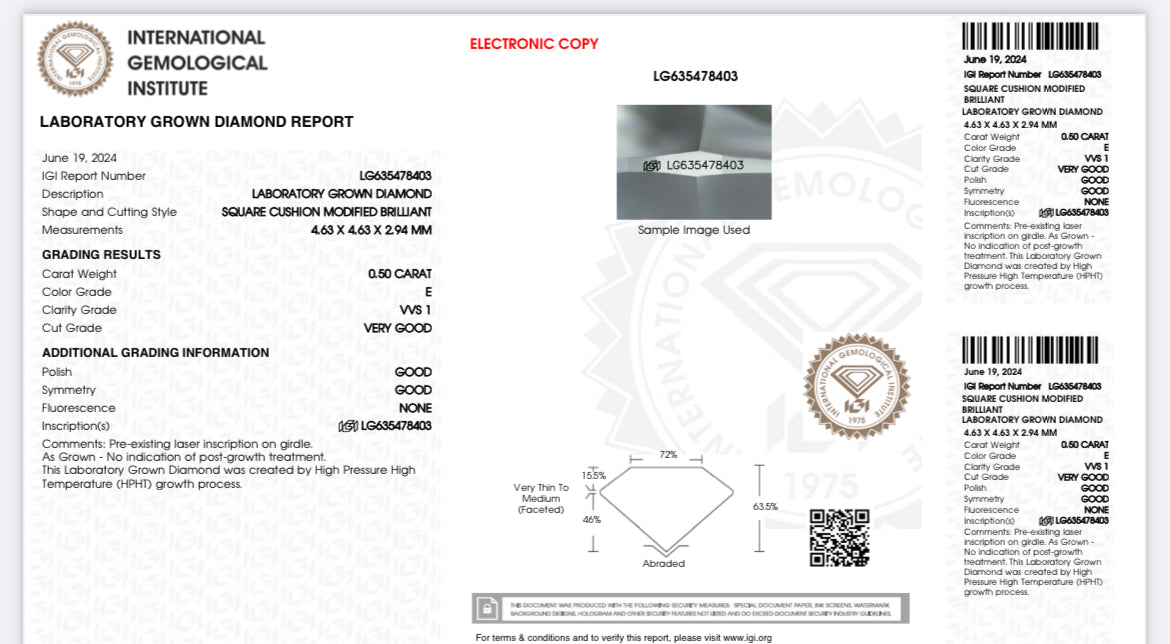 .50 Lab Cushion Cut Diamond , Color E , Clarity VVS1 - IGI LG635478403