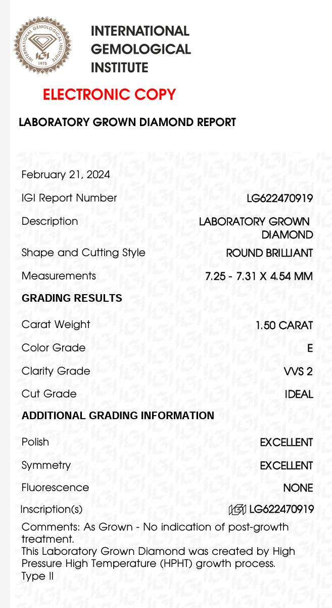 1.50 Carat Round Lab Grown Diamond, Color E , Clarity VVS2 , IDEAL + Excellent Cert IGI LG622470919