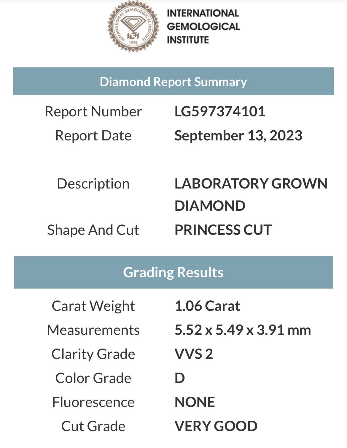 1.06 Lab Grown Princess Cut Diamond , Color D , Clarity VVS2 - GCAL  LG597374101