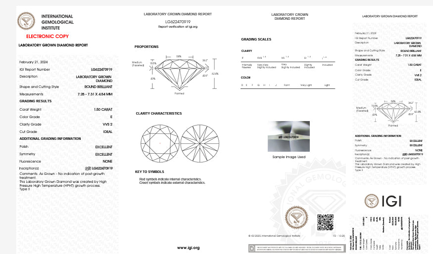 1.50 Carat Round Lab Grown Diamond, Color E , Clarity VVS2 , IDEAL + Excellent Cert IGI LG622470919