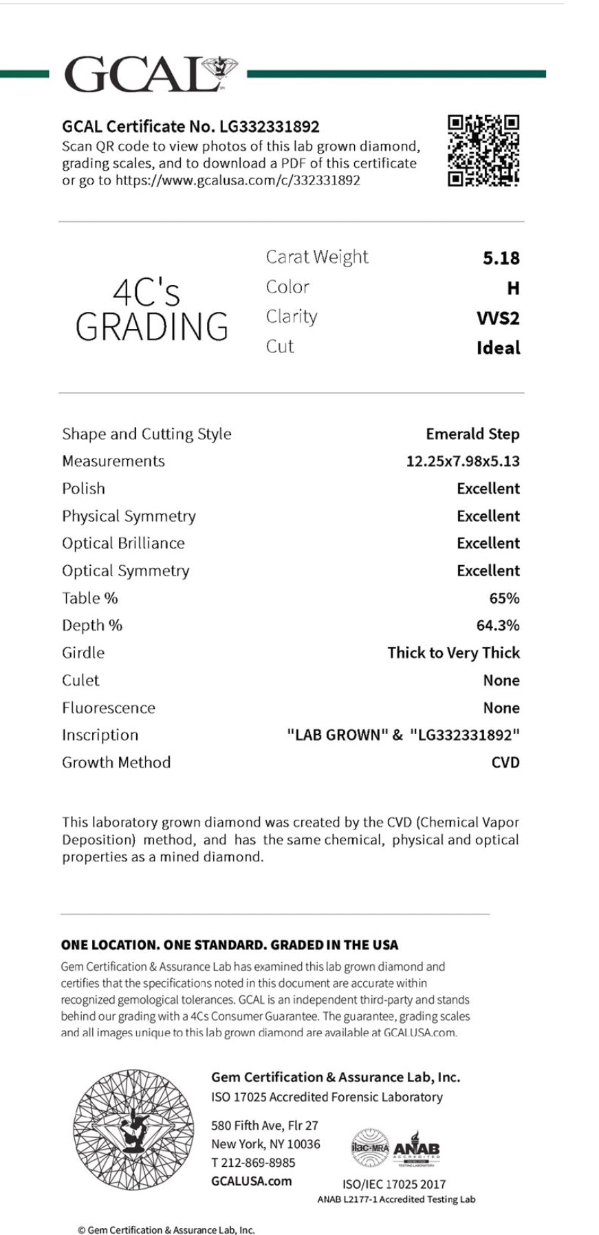 Emerald Cut 5.18 Carat Lab Grown Diamond , Color H , Clarity VS2 , GCAL Certificate LG332331892