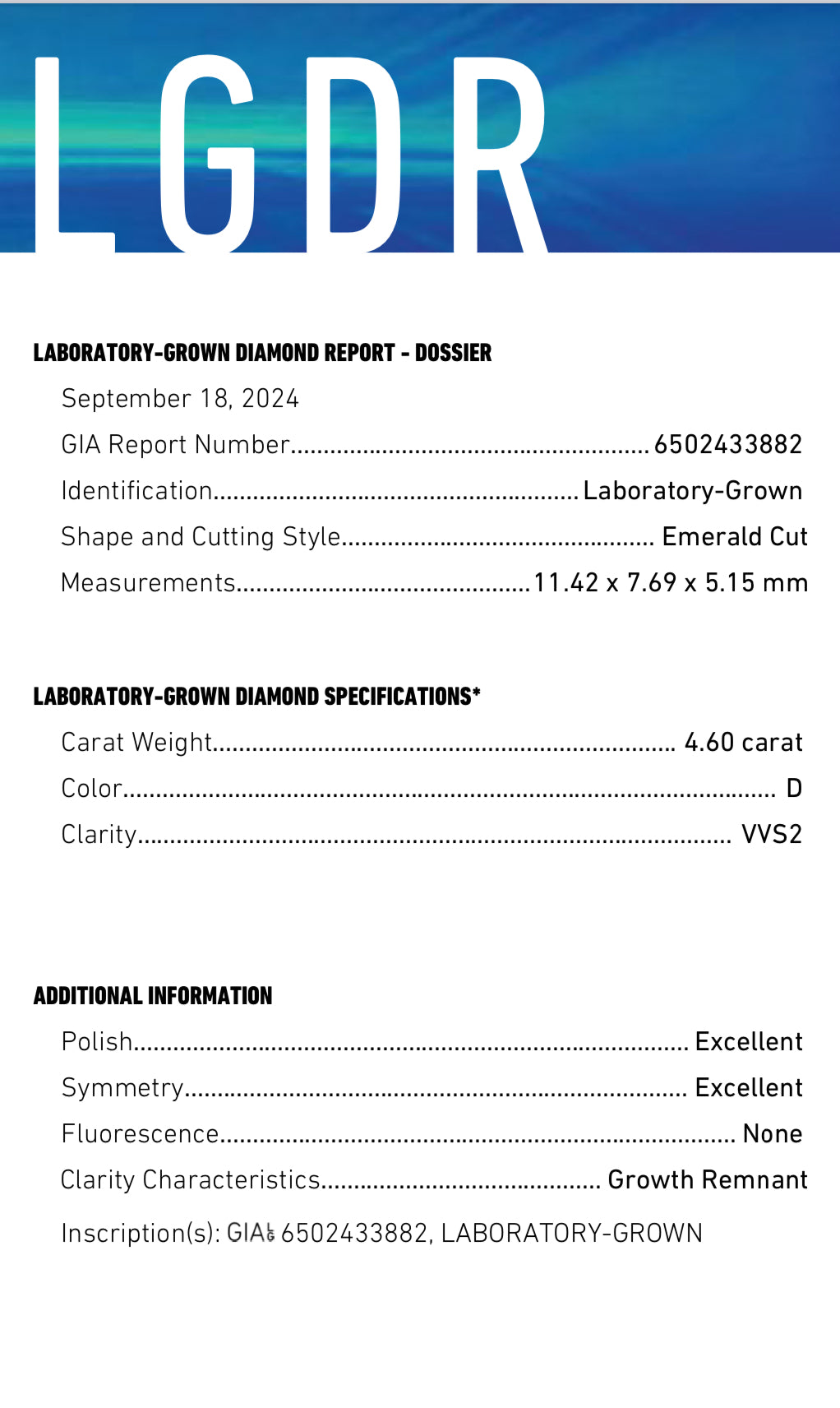 Emerald Cut 4.60 Carat Lab Grown Diamond , Color D , Clarity VVS2 , GIA  Certificate LG6502433882