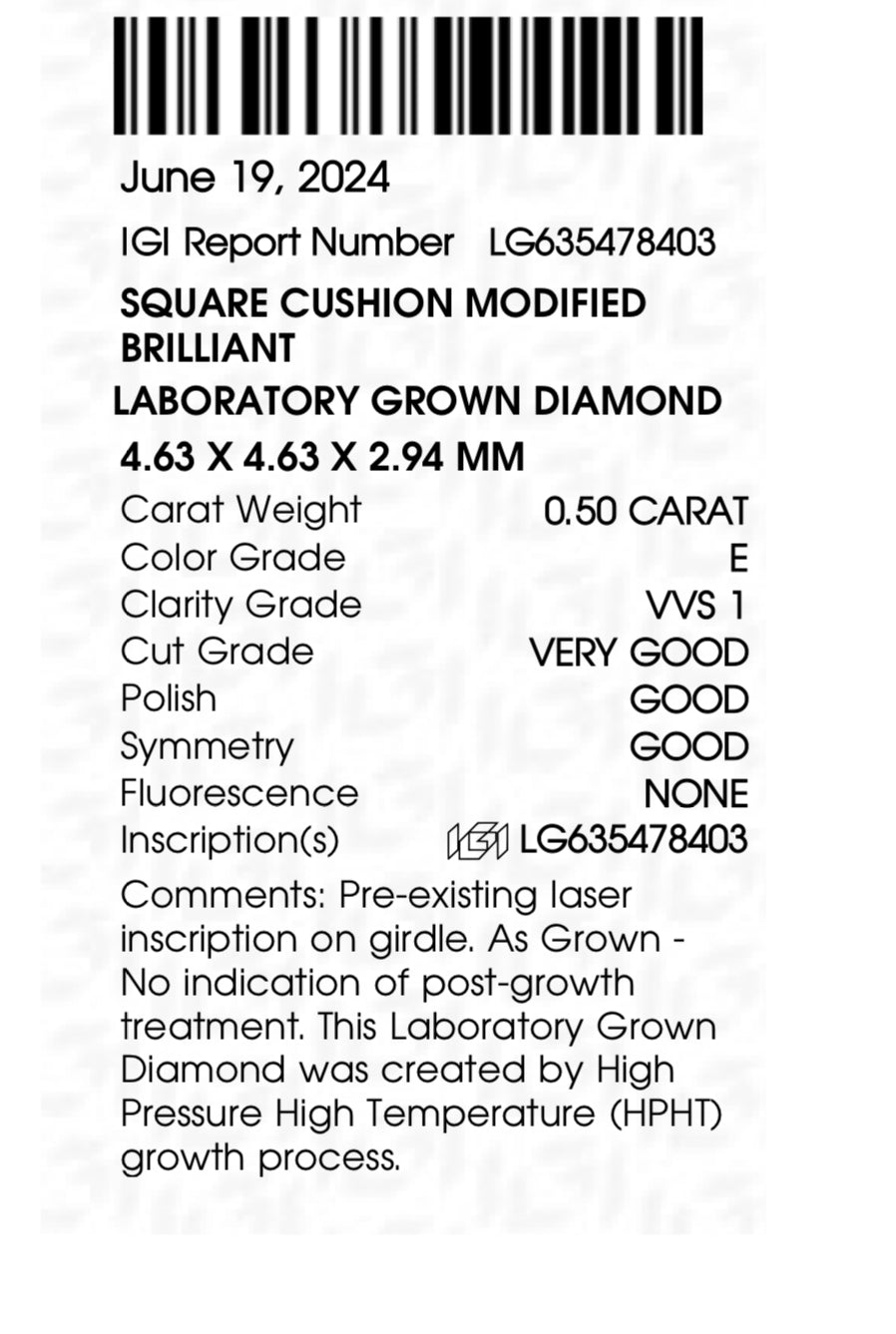 .50 Lab Cushion Cut Diamond , Color E , Clarity VVS1 - IGI LG635478403