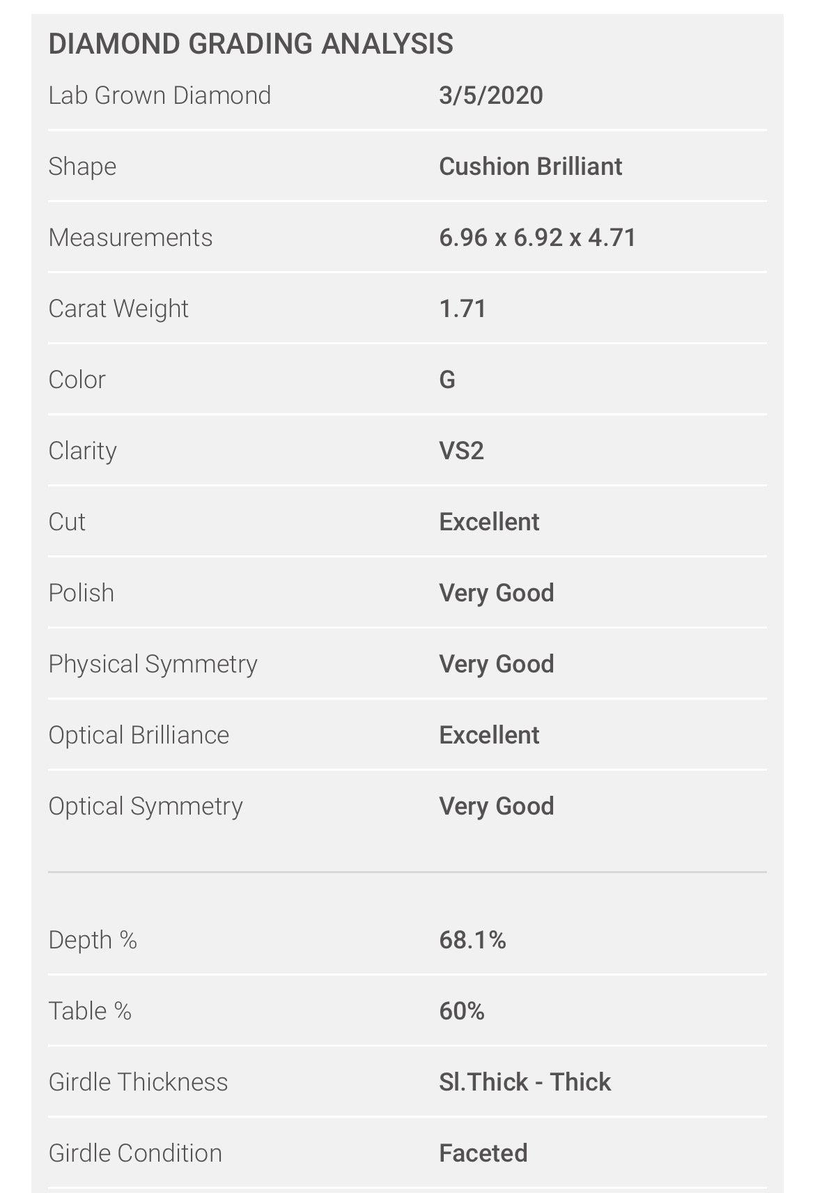 1.71 Lab Cushion Cut Diamond , Color G , Clarity VS2  Excellent and Very Good , Certificate GCAl300620074