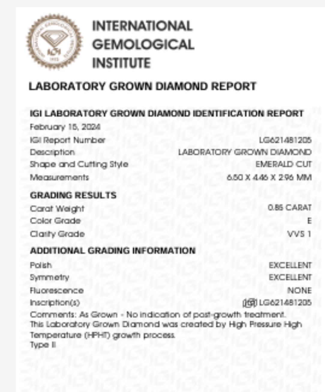 Emerald Cut .85 Carat Lab Grown Diamond , Color E , Clarity VVS1 , GCAL Certificate LG621481205 Triple Excellent