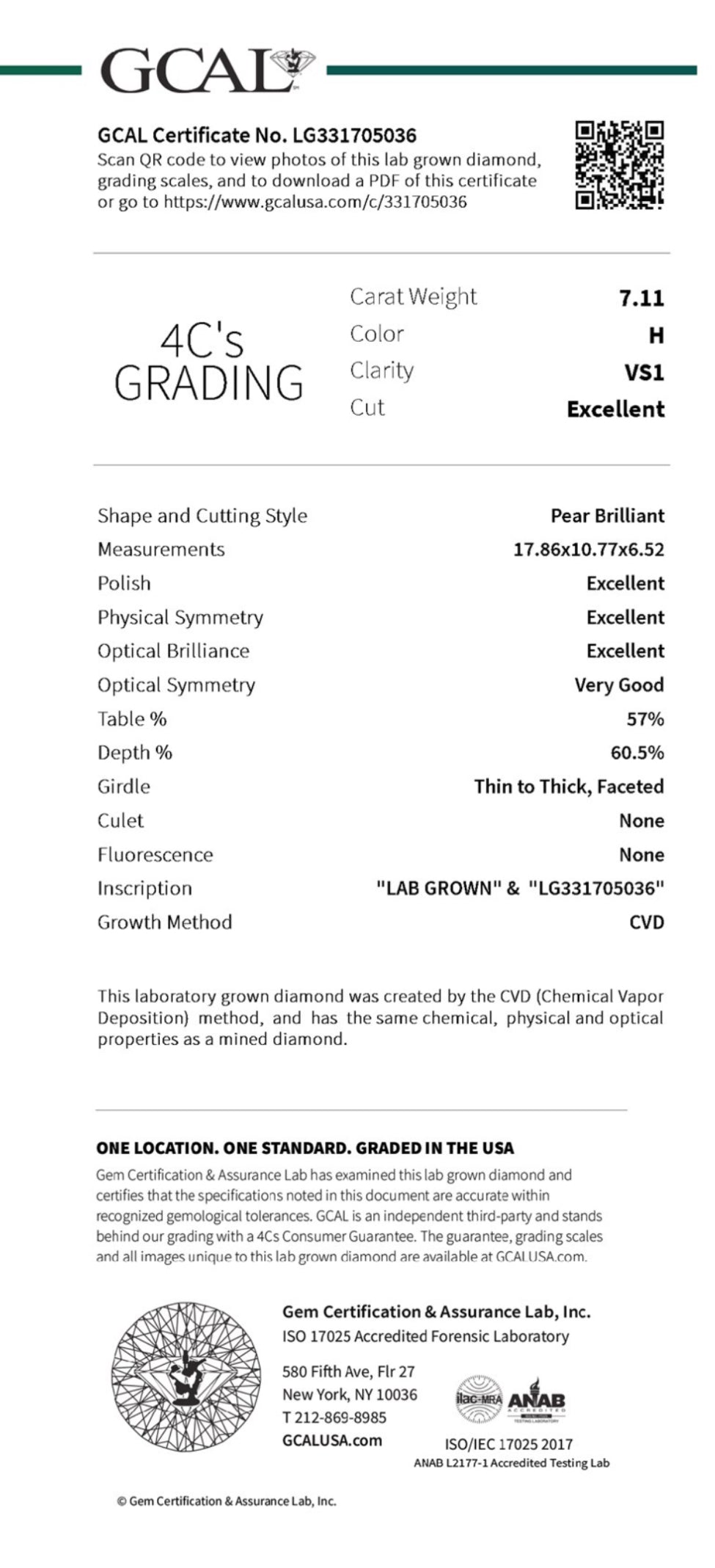 PEAR 7.11 Lab Grown Diamond, Color H , Clarity VS1, GCAL Diamond Report LG331705036 Excellent