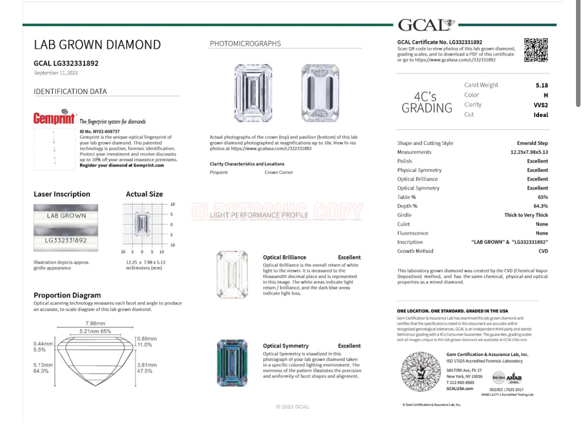 Emerald Cut 5.18 Carat Lab Grown Diamond , Color H , Clarity VS2 , GCAL Certificate LG332331892