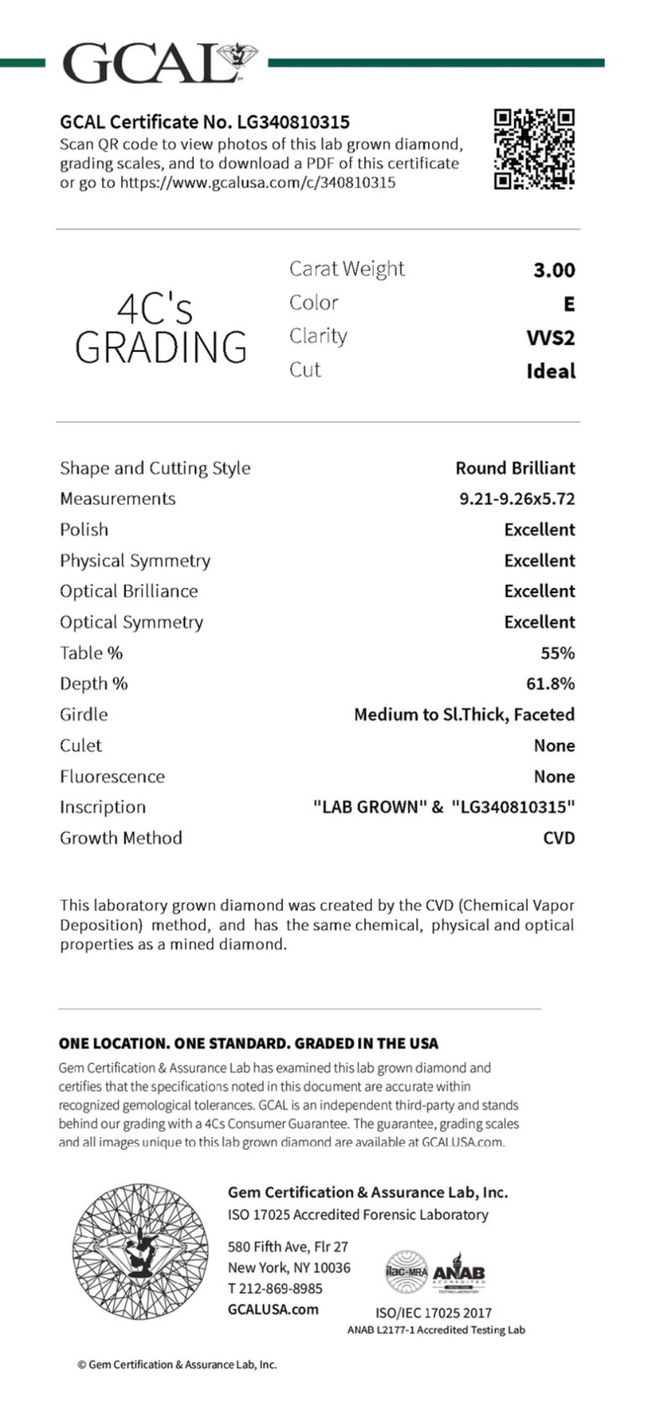 3.00 Carat Round Lab Grown Diamond