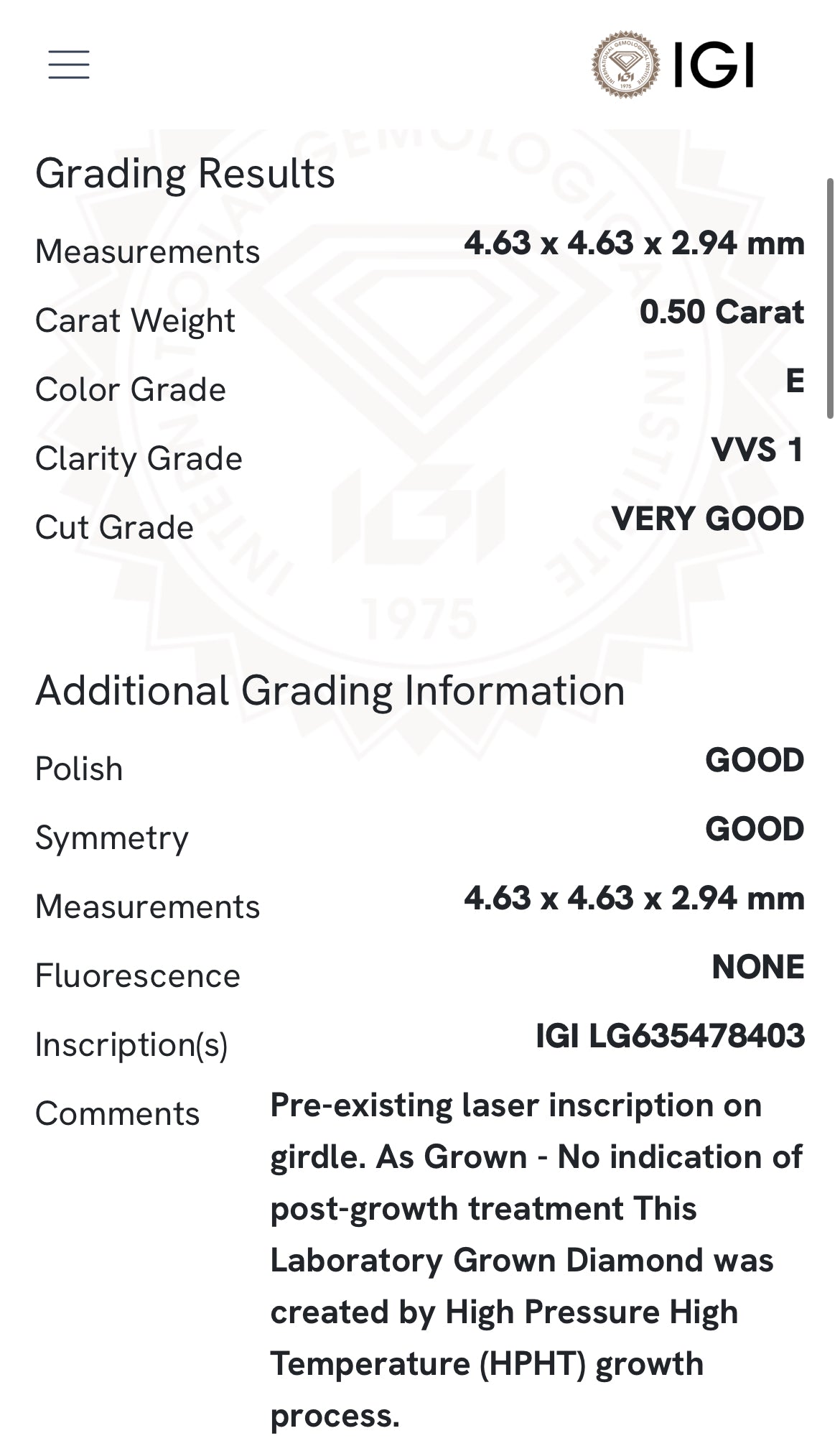 .50 Lab Cushion Cut Diamond , Color E , Clarity VVS1 - IGI LG635478403