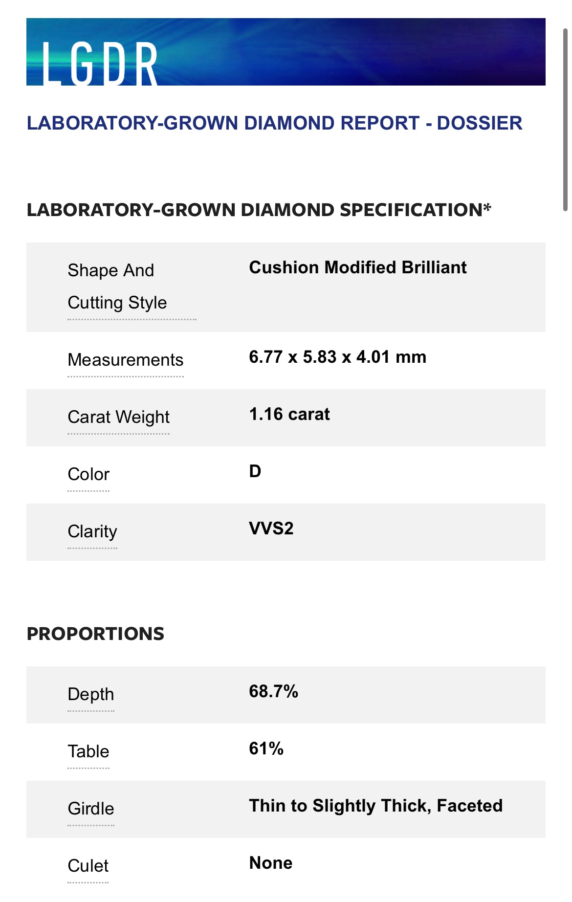 1.16 Lab Cushion Cut Diamond , Color D , Clarity VVS2 - GIA 2446450036