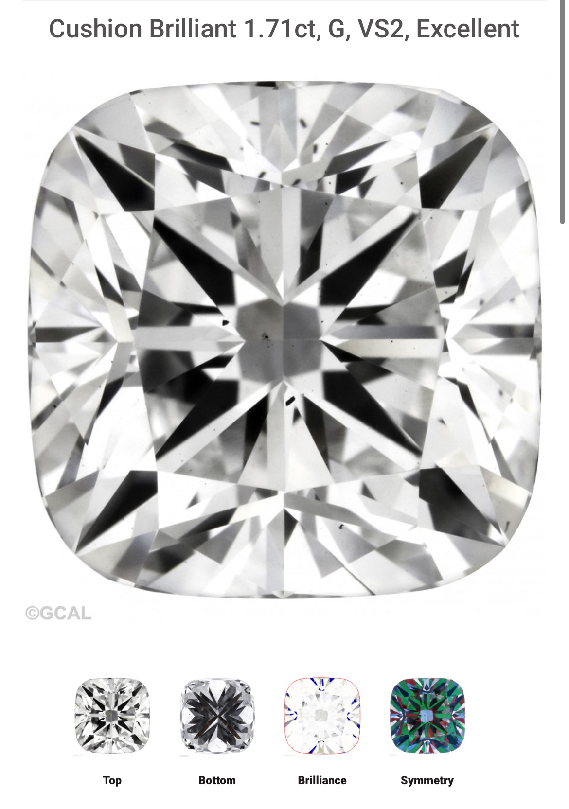 1.71 Lab Cushion Cut Diamond , Color G , Clarity VS2  Excellent and Very Good , Certificate GCAl300620074