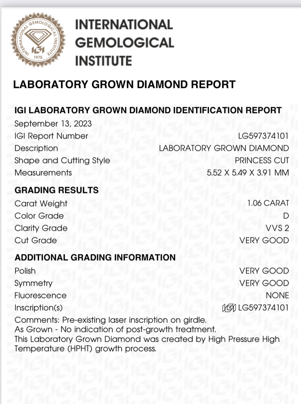 1.06 Lab Grown Princess Cut Diamond , Color D , Clarity VVS2 - GCAL  LG597374101