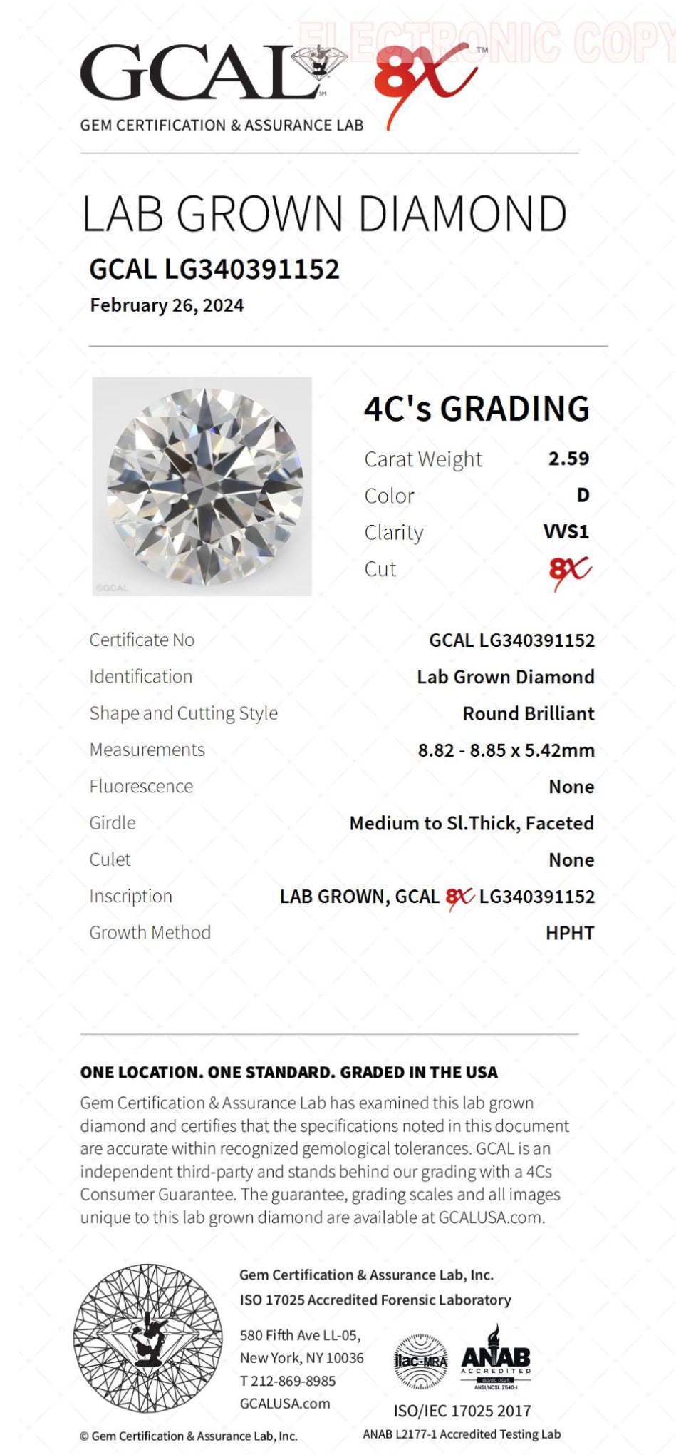 2.59 Carat Round Lab Grown Diamond, GCAl LG340391152 , Color D , Clarity VSS1 , 8x Excellent