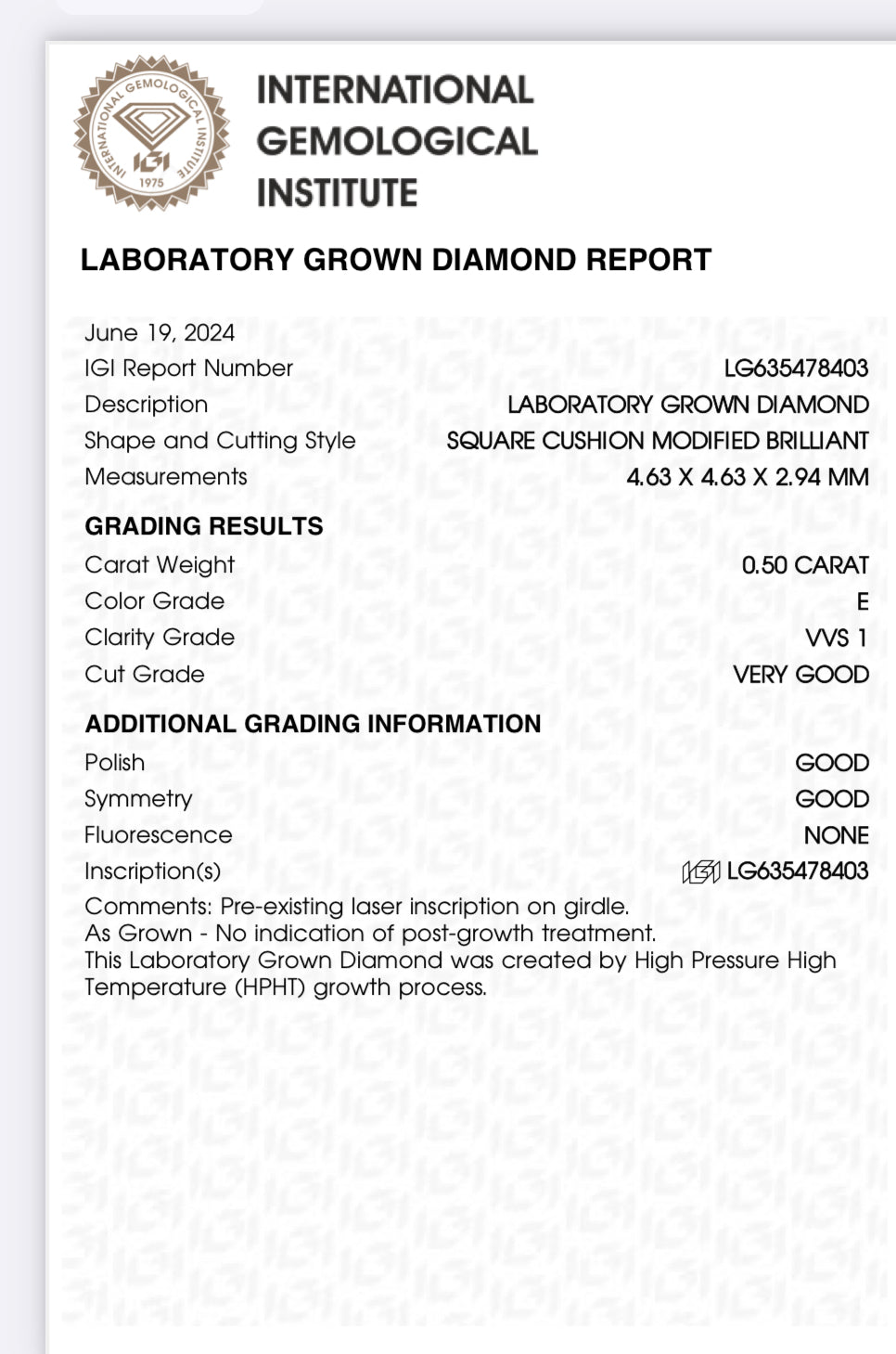 .50 Lab Cushion Cut Diamond , Color E , Clarity VVS1 - IGI LG635478403