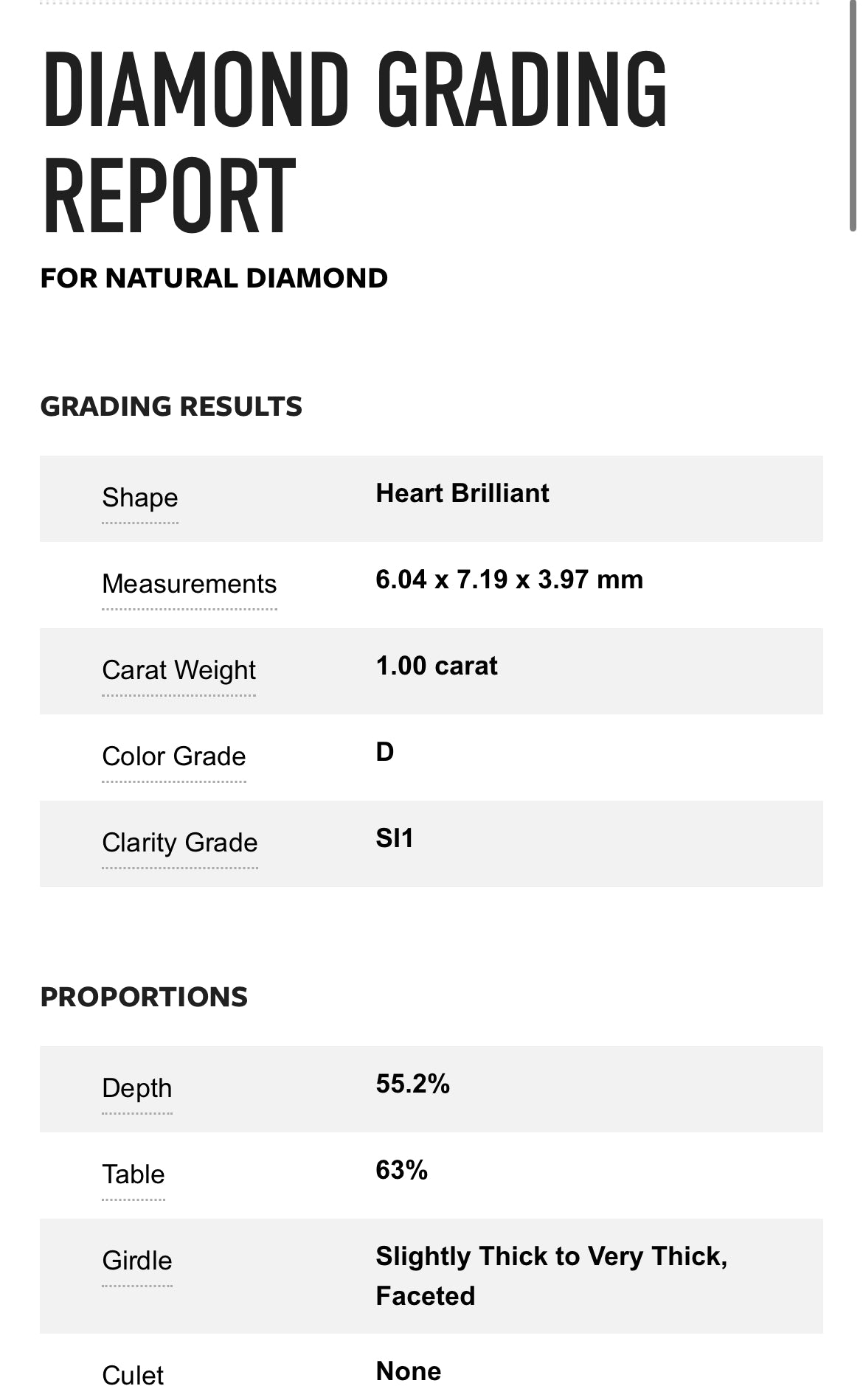 1.00 carat Natural Heart Diamond , Color D , Clarity SI1 - GIA 624134499