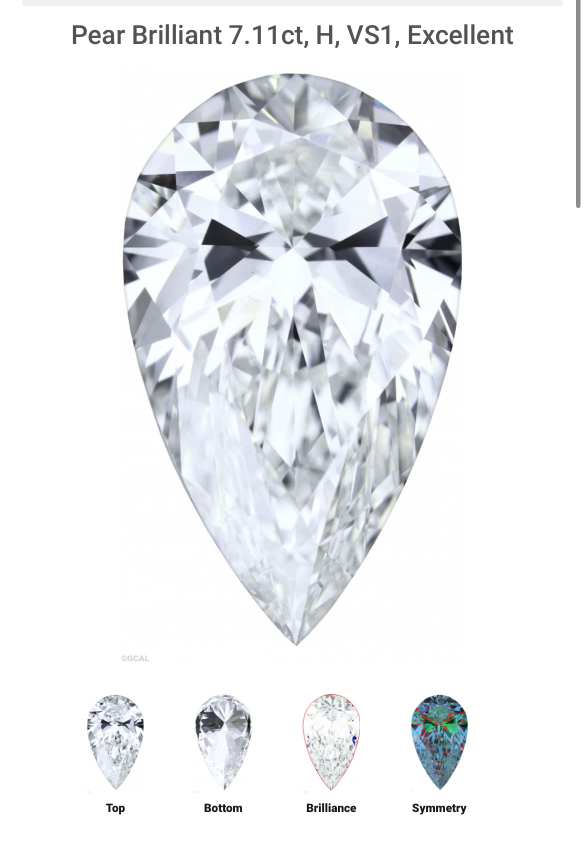 PEAR 7.11 Lab Grown Diamond, Color H , Clarity VS1, GCAL Diamond Report LG331705036 Excellent