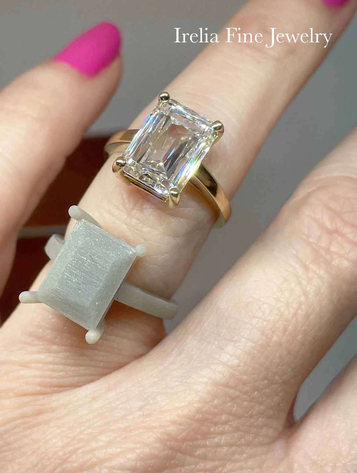 18k Gold Custom Setting with 5.04 Carat Emarald Cut Lab Diamond GIA