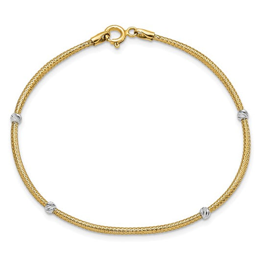 14K Two-tone Gold Woven Flexible Beads Bracelet, size 7.25