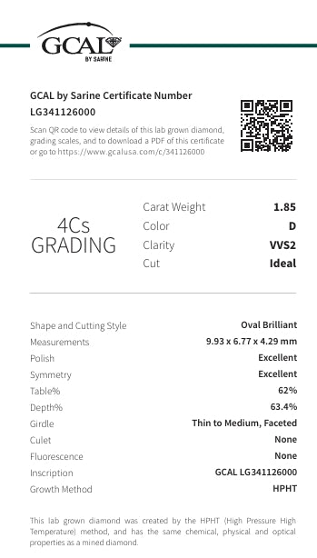 OVAL 1.85 Carat Lab Grown Diamond, Color D , Clarity VVS2, IDEAL LG341126000