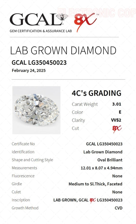 OVAL 3.01 Carat Lab Grown Diamond, Color E , Clarity VVS2