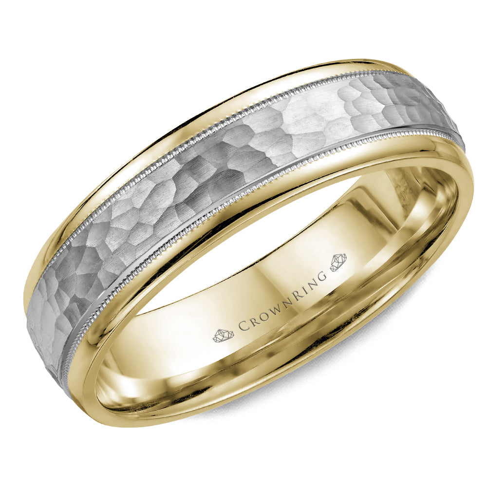 14k White and Yellow Gold Hammer Finish Band, 6 mm - Collection Crown Gold